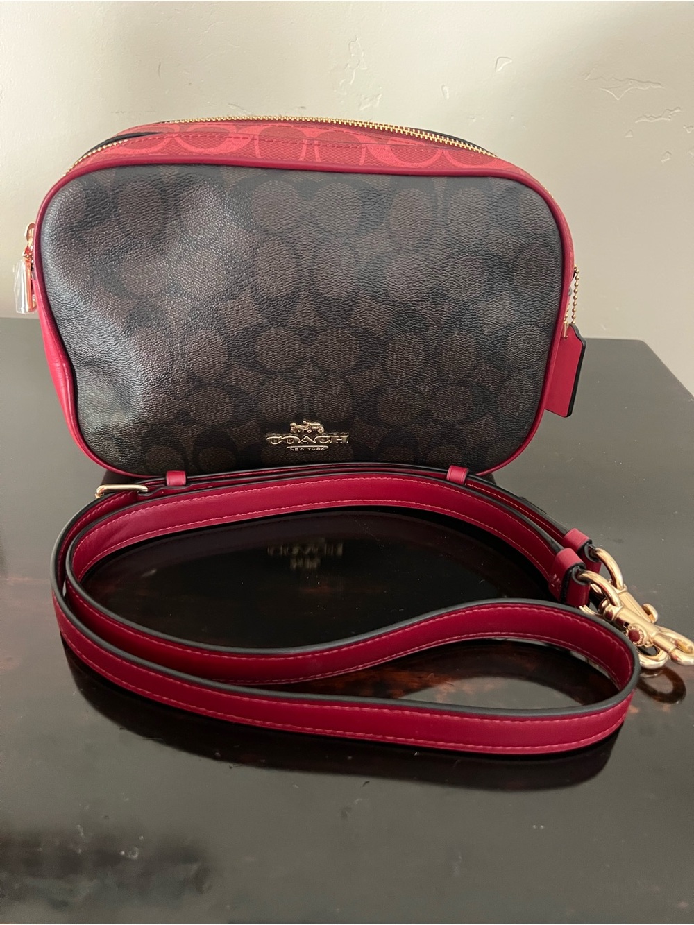 Coach Brown Signature Canvas Crossbody w/ Red Leather Trim NWOT